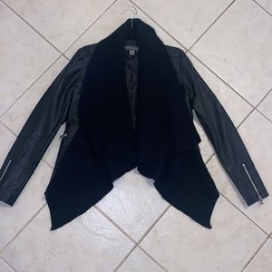 Suzy Shier-Black leather jacket w a built in scarf
